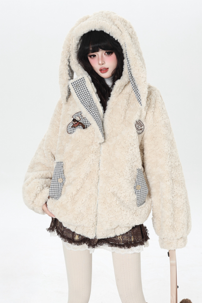 Check Long Bunny Ear Fur Jacket