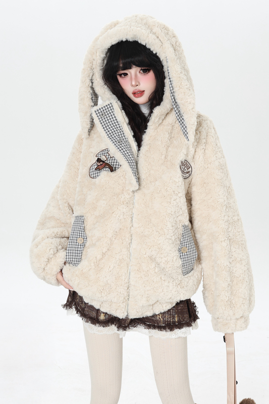 Check Long Bunny Ear Fur Jacket