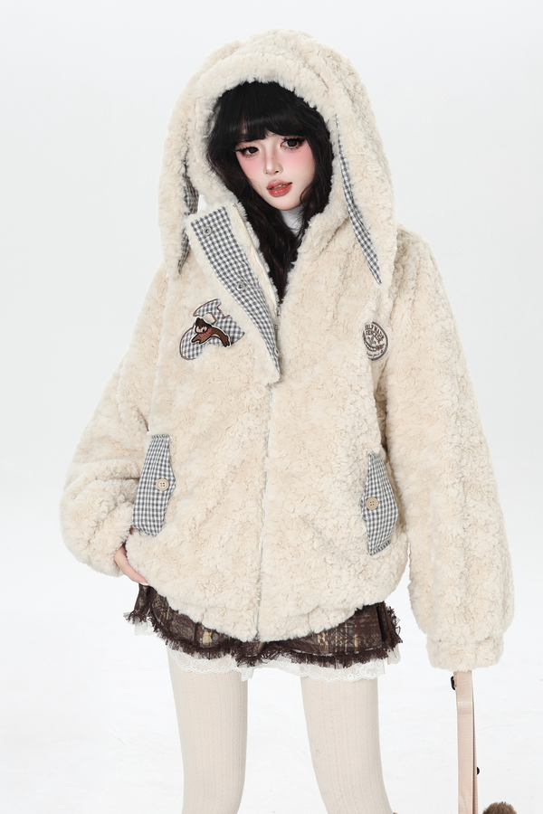 Check Long Bunny Ear Fur Jacket
