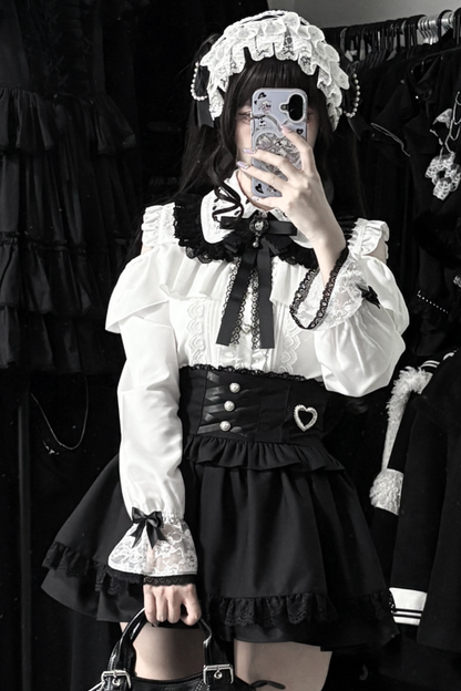 地雷ロングスリーブシャツ+ハイウエストスカート+リボンネクタイ