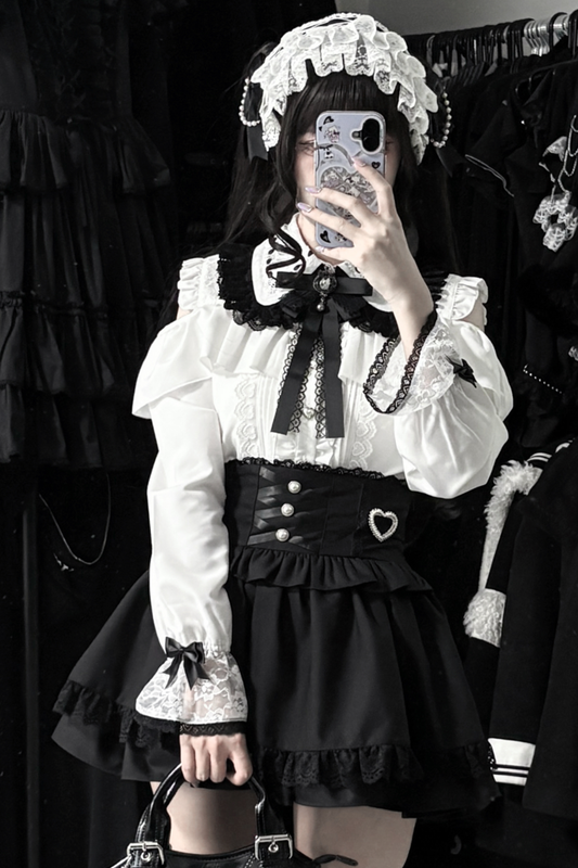 地雷ロングスリーブシャツ+ハイウエストスカート+リボンネクタイ