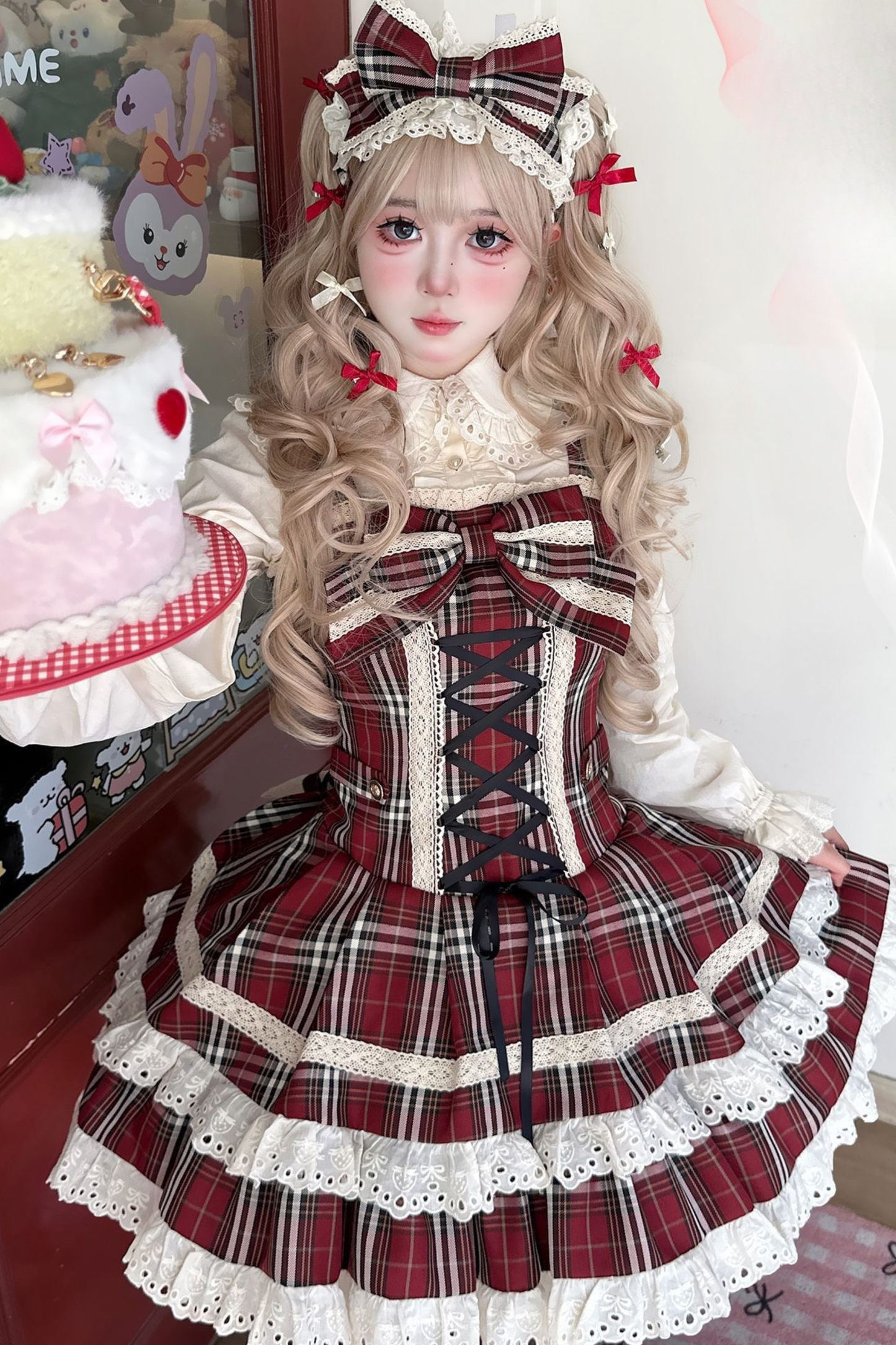 チェックレースアップロリータジャンパースカート+フリルブラウス