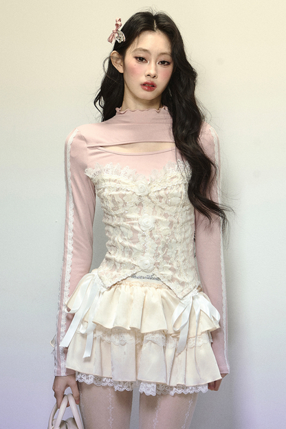 [Reservations] Lace Splicing Faux-Two-Piece Top