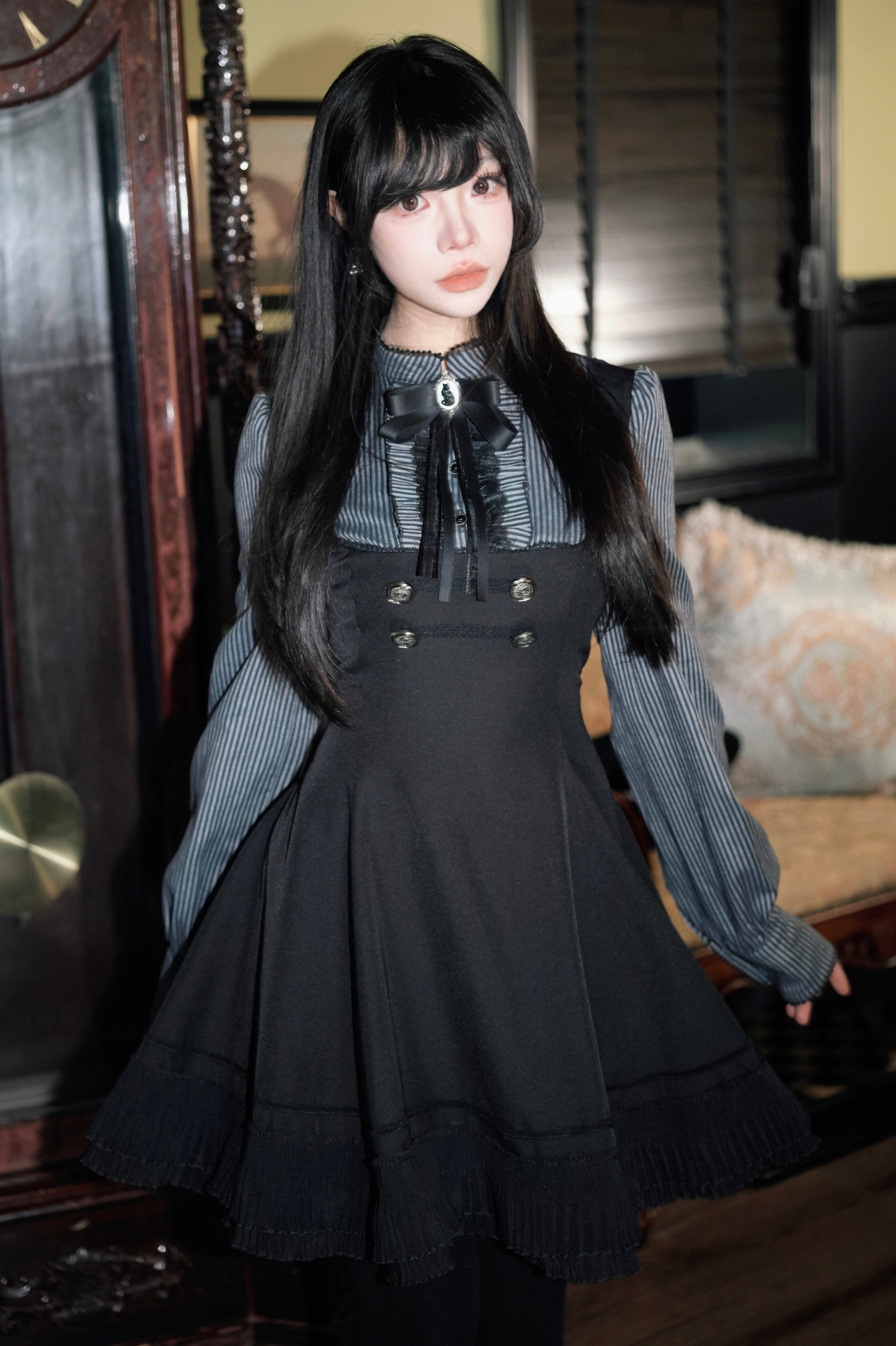 ダークフレンチパッチワークストライプドレス