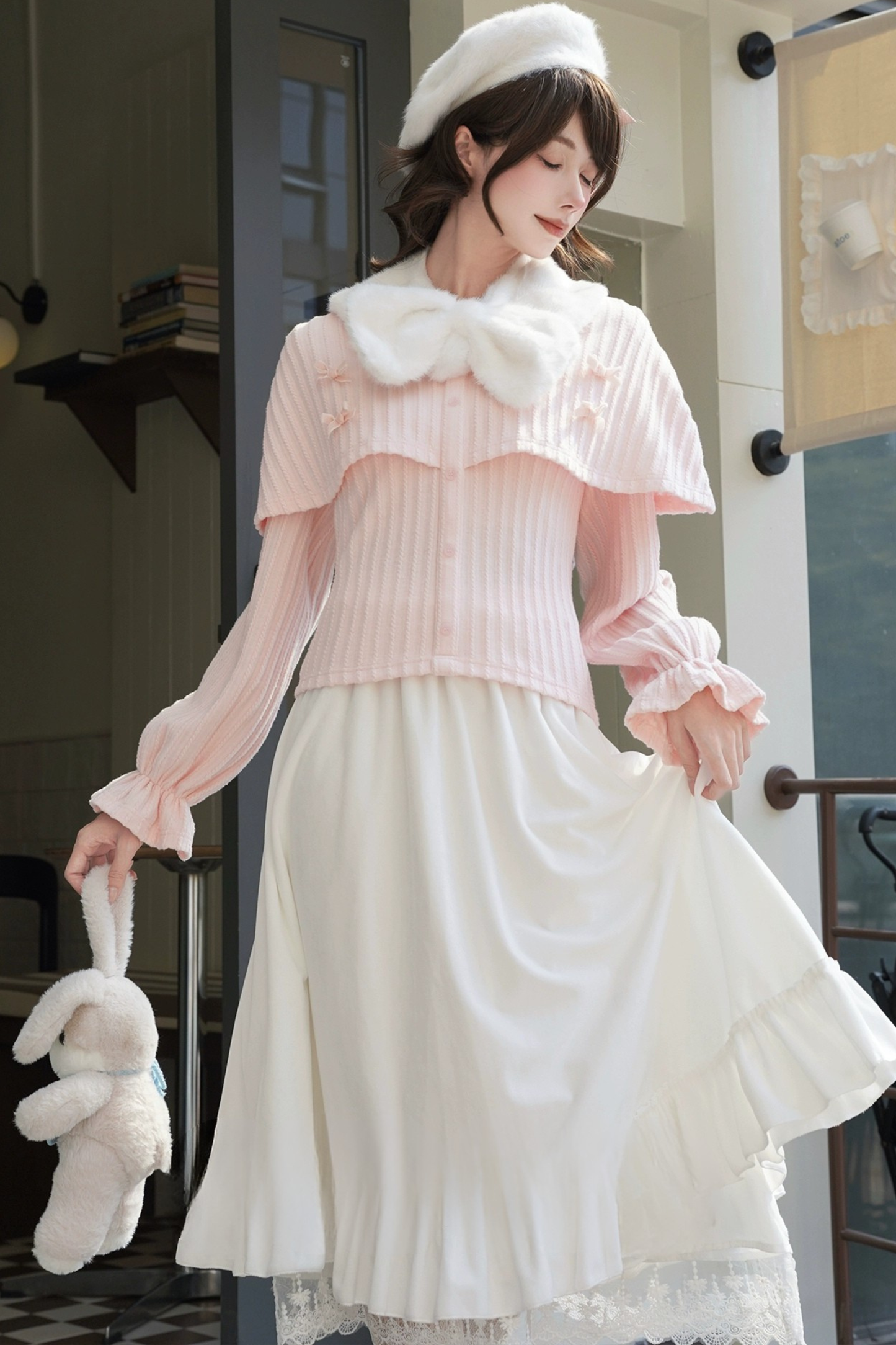 ルーズランタンスリーブニットトップス+ロングスカート+ショートスカート