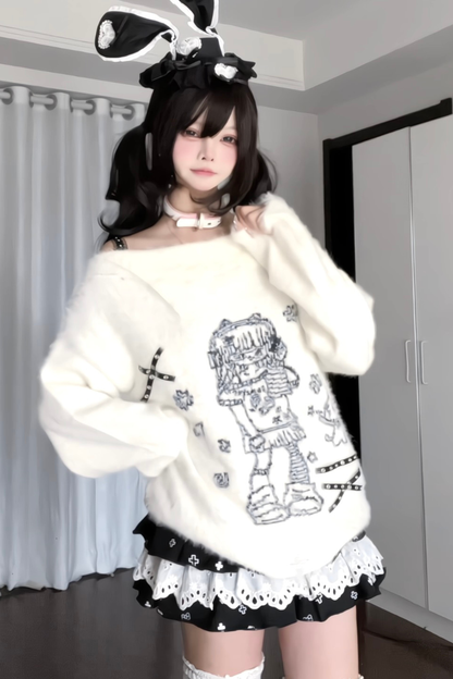 Anime Illustration Off-Shoulder Loose Tops