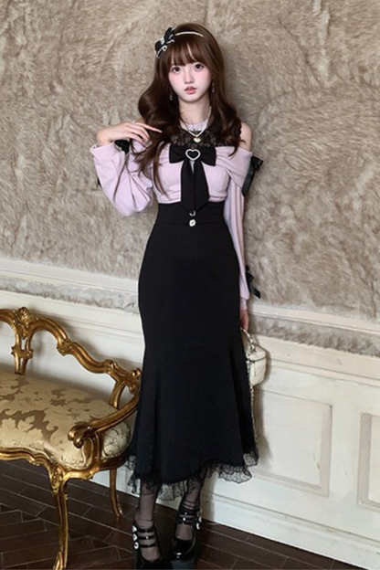 Lace Off-the-shoulder Ribbon Dress