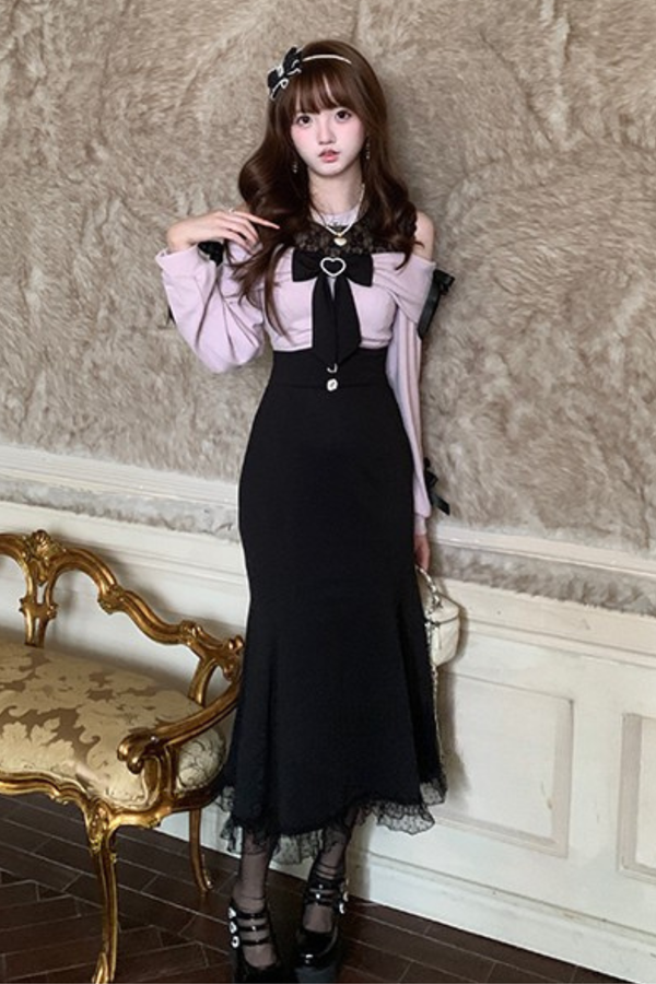 Lace Off-the-shoulder Ribbon Dress