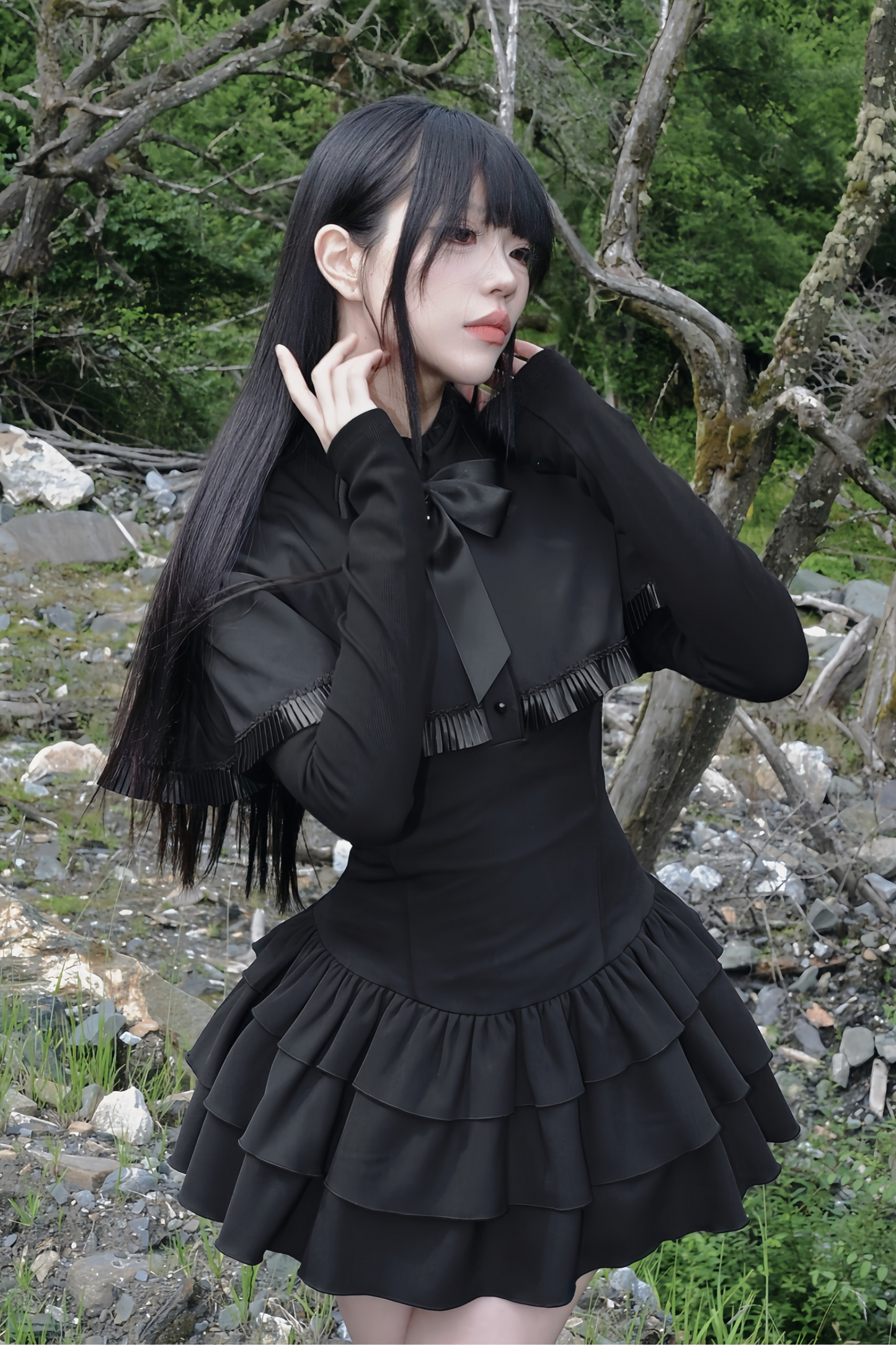 Ruffled Cape Design Low Rise Lace Dress