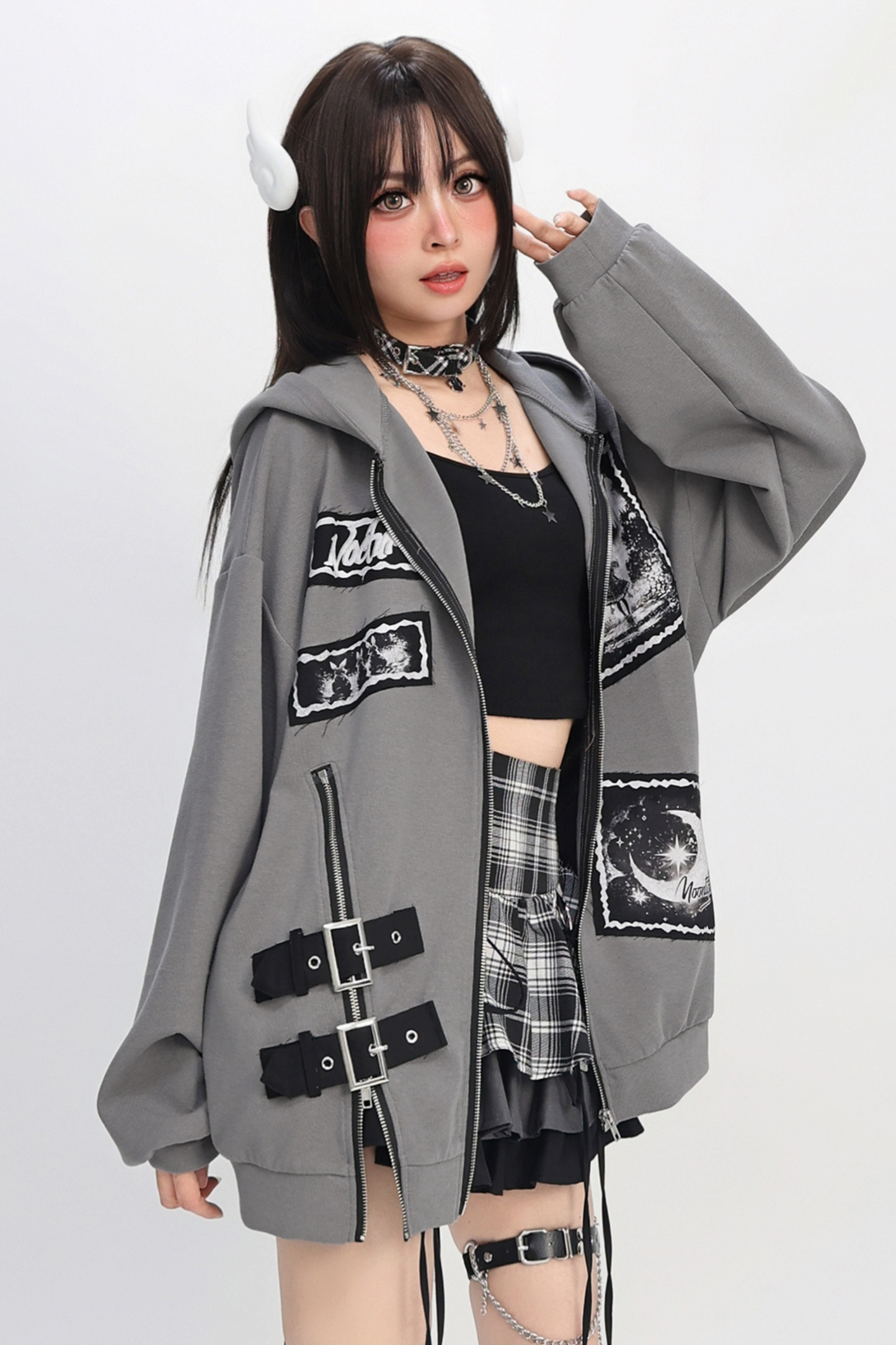 Bee Stitch Print Patchwork Zipper Loose Hoodie