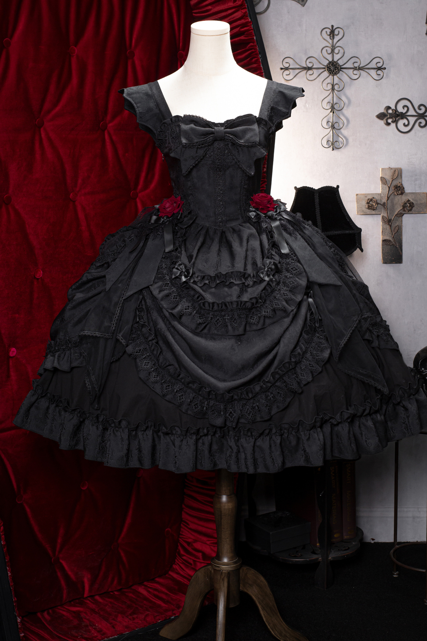 Dark Gothic Ribbon Lolita Dress + Waist Belt + Train + Hairband