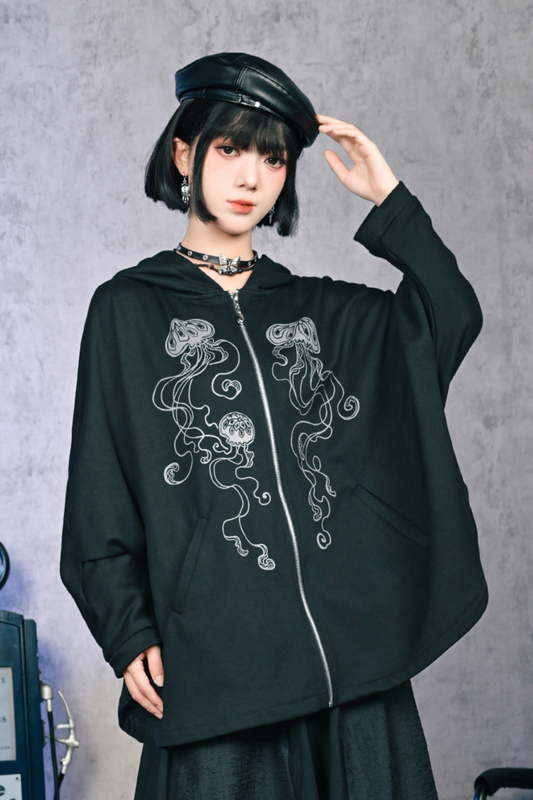 Draped Bat Sleeve Printed Hooded Hoodie