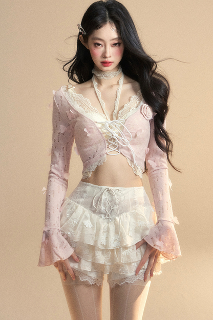 スイートハートドールレースカットアウトホルターネックトップス