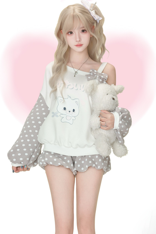 ドットワンショルダートップス+ドットパンツ