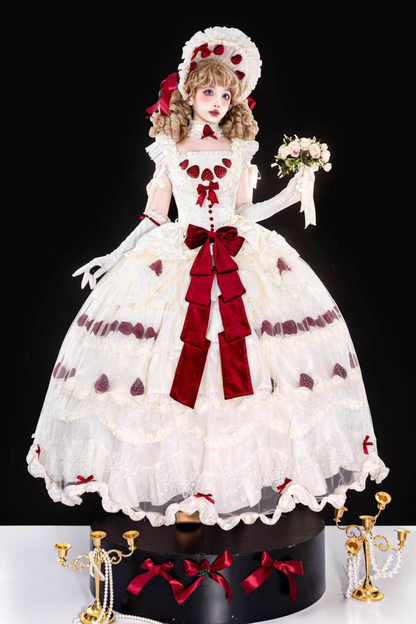 [3월 13일 예약마감] 스트로베리 크림 롤리타 원피스 + 케이크 모자 + 꼬리 + 보닛 + 페티코트