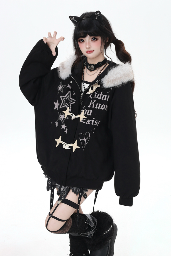 Letter Fur Collar Loose Suede Jacket