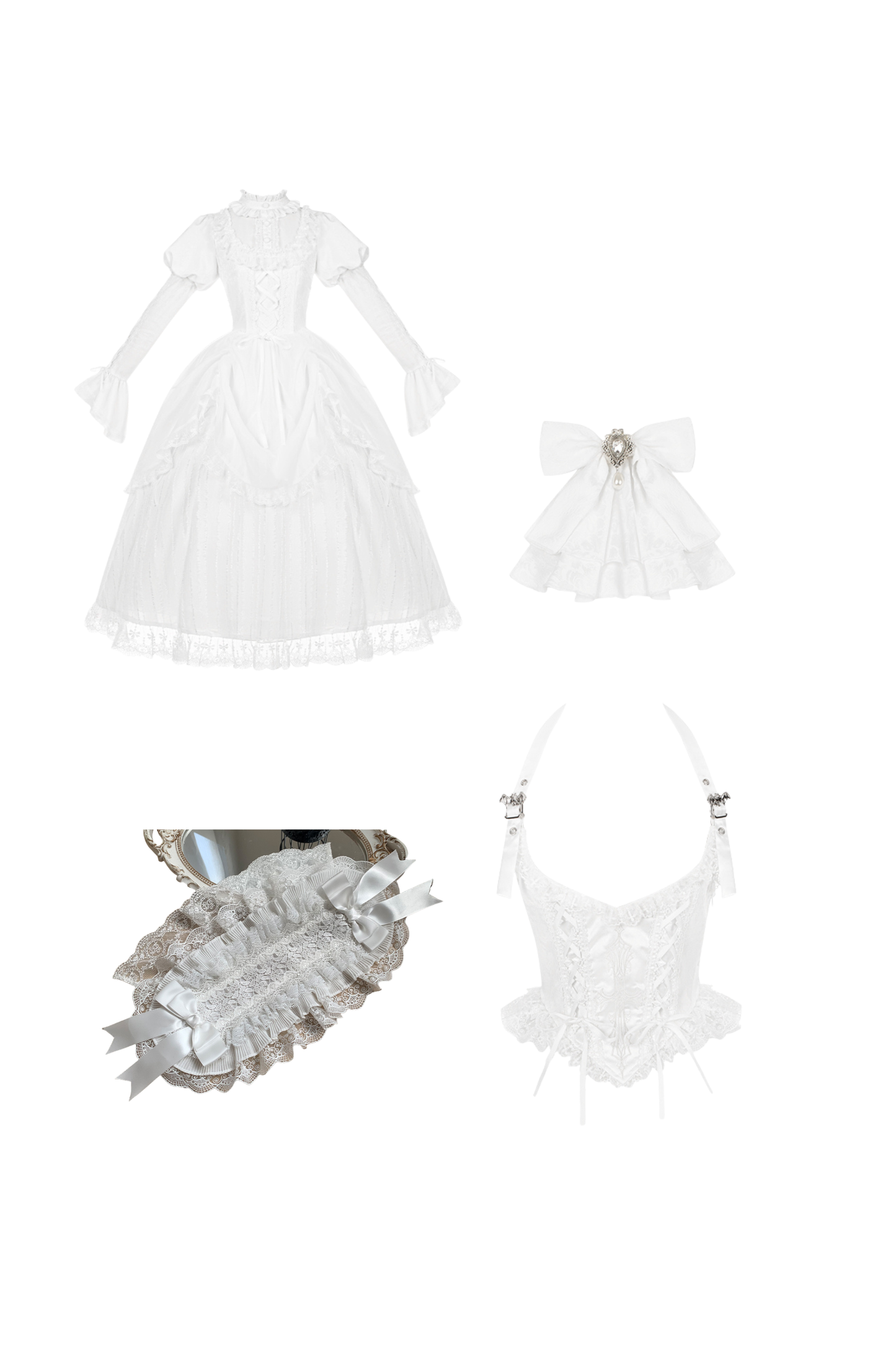 White gothic gemini Lolita dress + corset + ribbon + hair band + veil