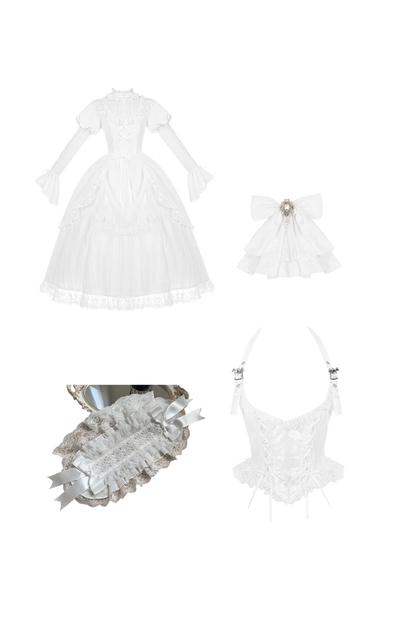 White gothic gemini Lolita dress + corset + ribbon + hair band + veil