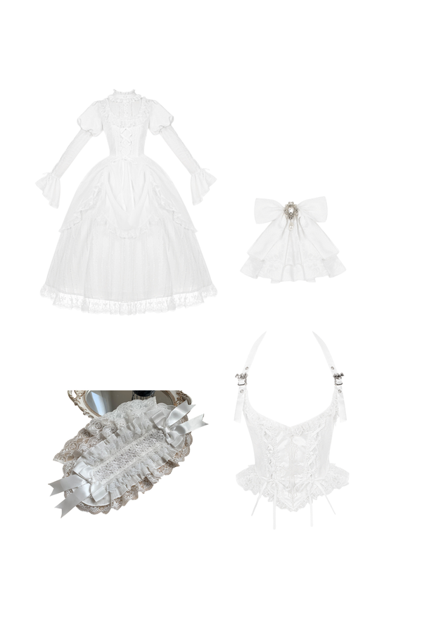 White gothic gemini Lolita dress + corset + ribbon + hair band + veil