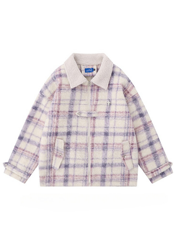 レトロカラフルチェックラペルラムベルベットコットンコート