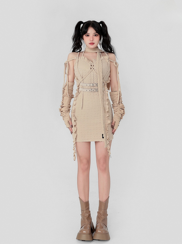 Lace frill twin leather strap sass dress with stole + frill long gloves