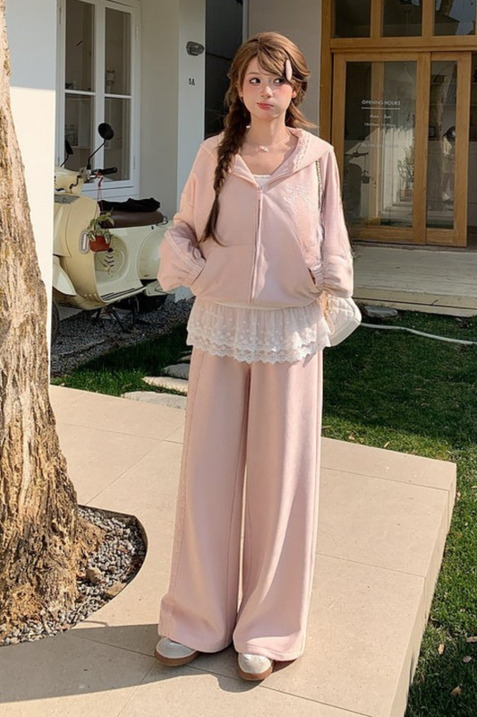 レースパッチワークフーデッドジャケット+パンツ+トップス