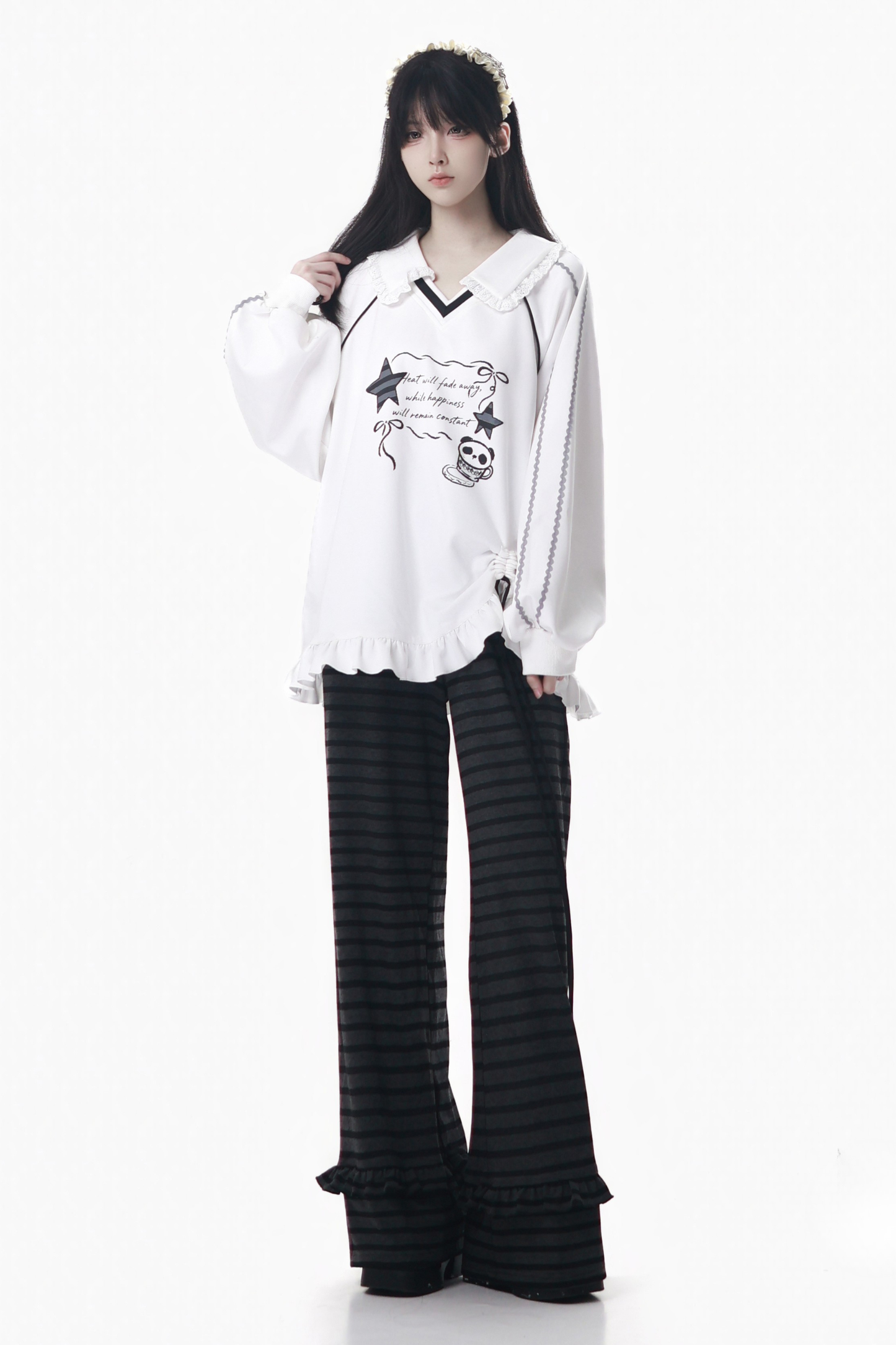 ラペルレーススタートップス+フリルパンツ