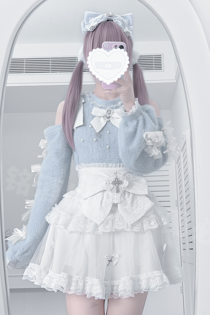 オフショルダーリボンニット+スカート