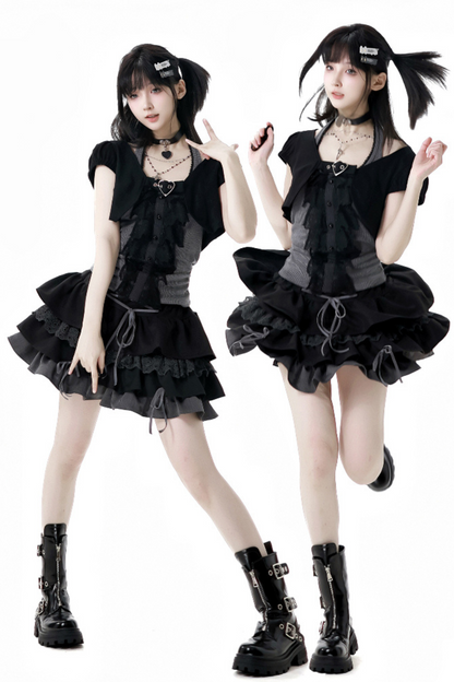 ヴィンテージショートカーディガン＋レースホルターネックトップス＋スカート