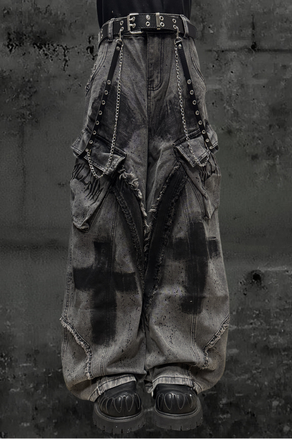 ダーククロススプレーデザインワイドパンツ+ベルト