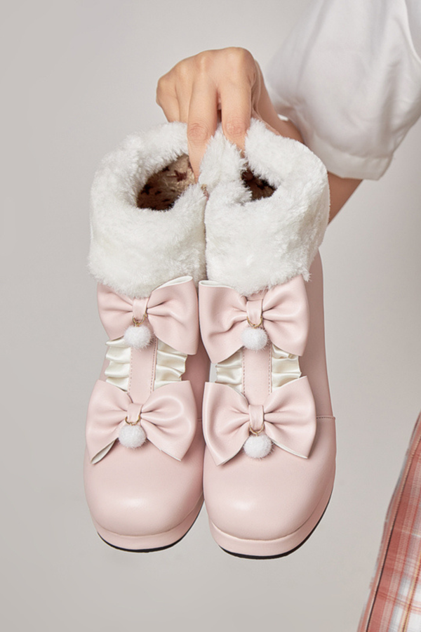 Double Ribbon Fur Short Boots