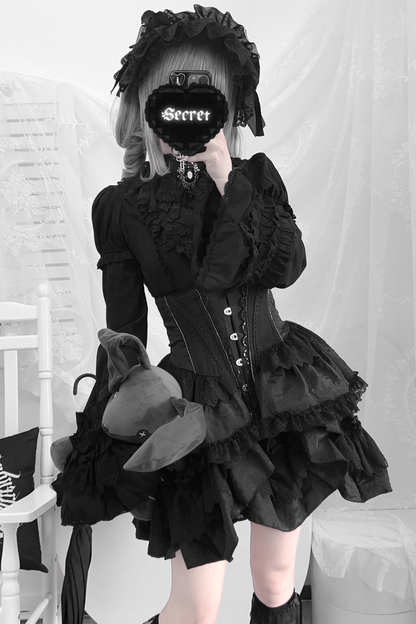 ゴシックフィッシュボーンスカート+シャツ+リボンカラー