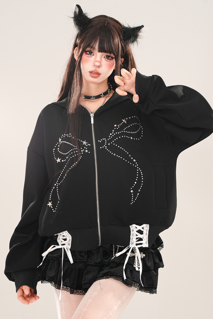 Loose Slim Black Lace-Up Hooded Hoodie