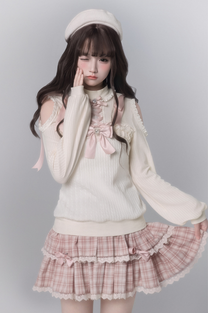 스위트걸리 오프숄더 니트 + 체크 스커트 + 넥타이