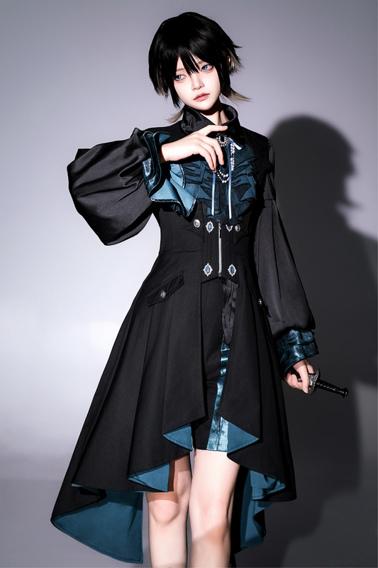 Dark mode asymmetrical jacket + dress + pants