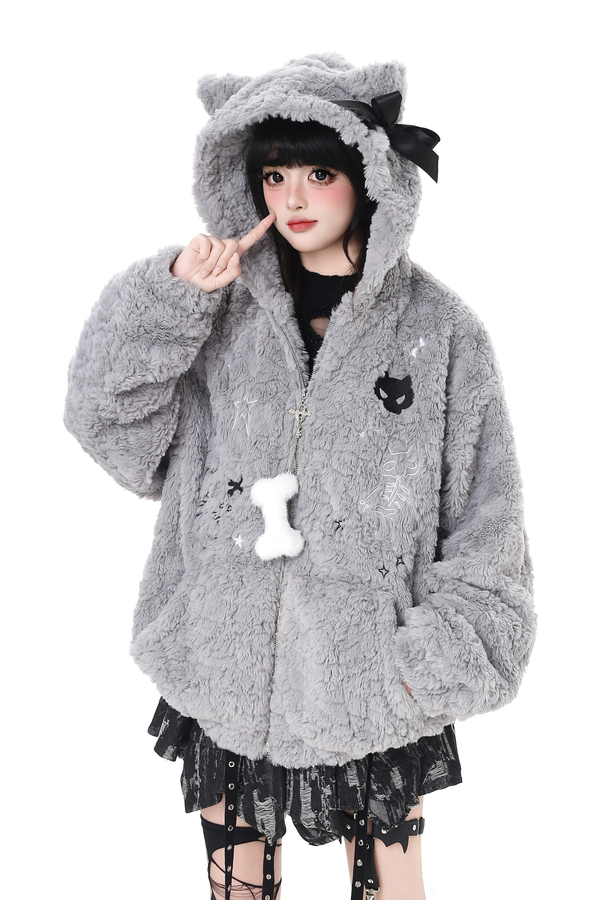 Ribbon Cat Hooded Fur Jacket