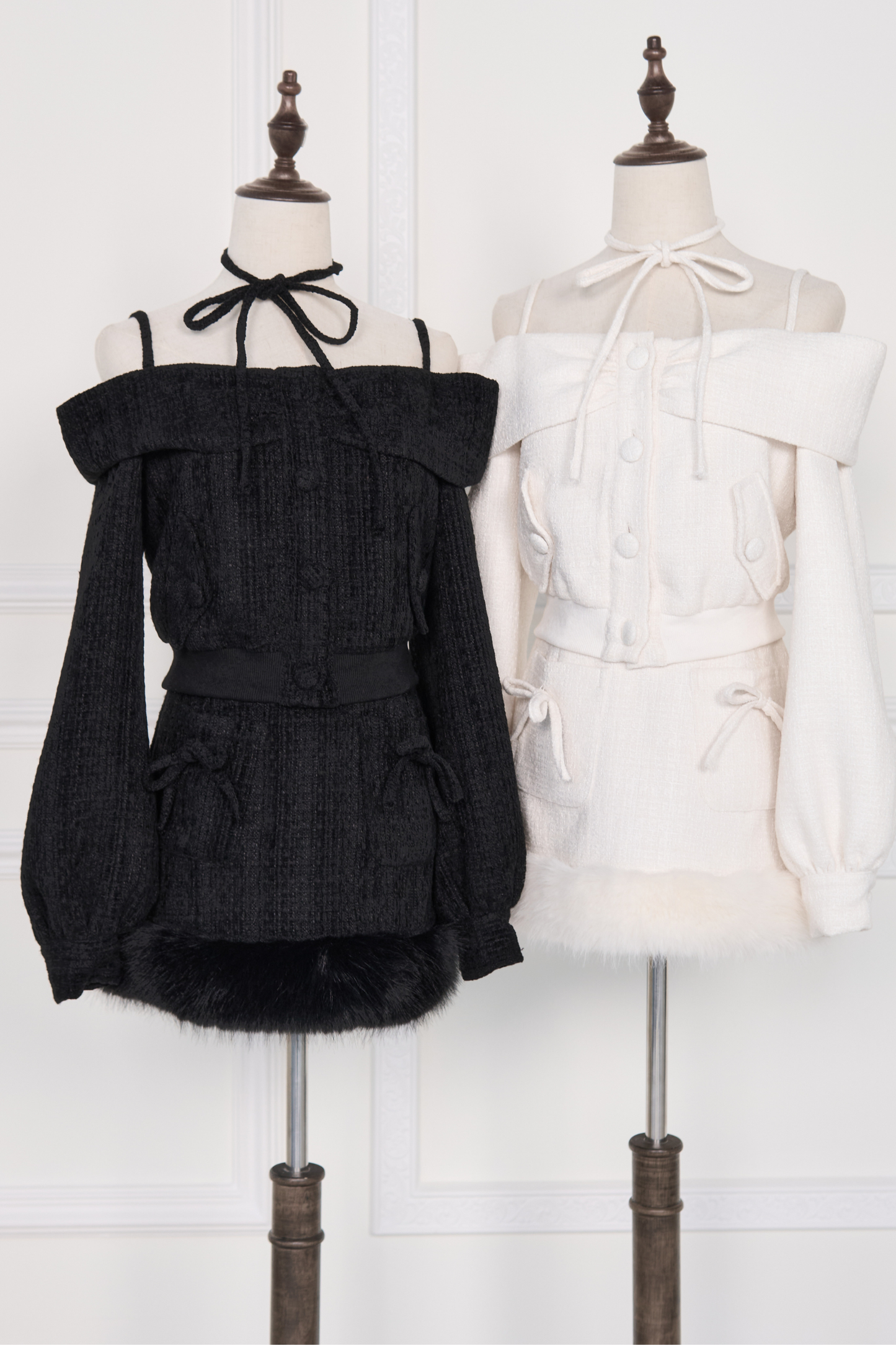 オフショルダーリボントップス+ファースカート