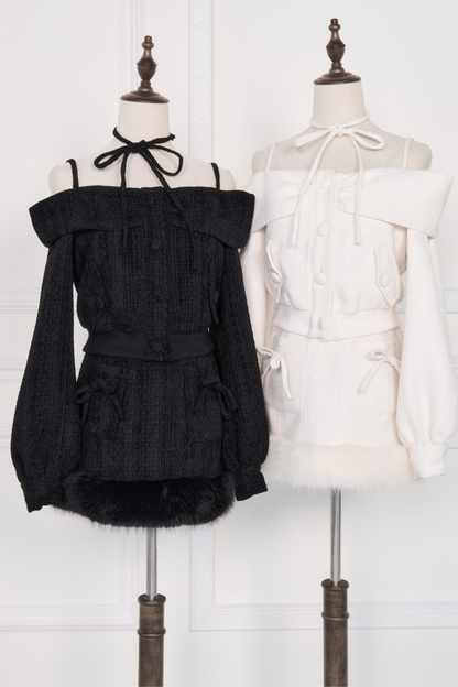 オフショルダーリボントップス+ファースカート