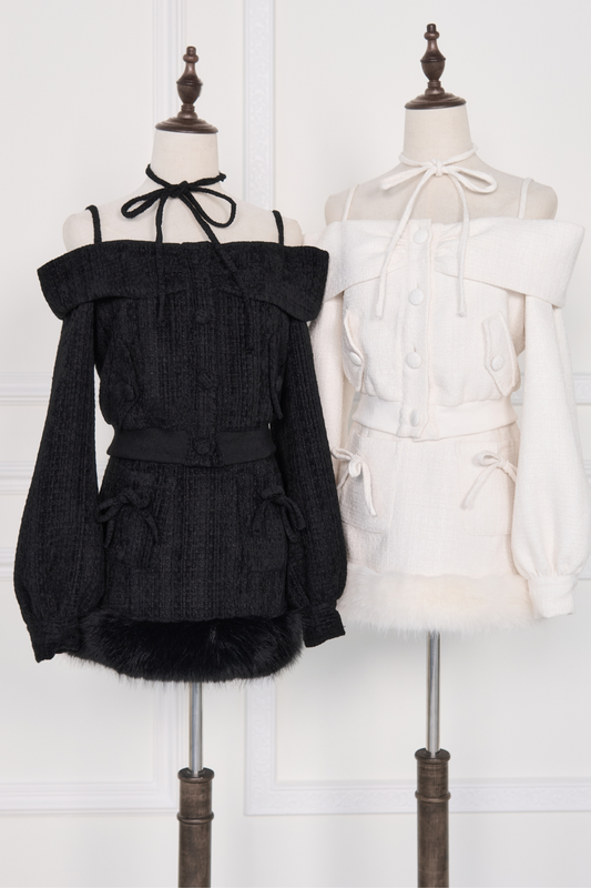 オフショルダーリボントップス+ファースカート