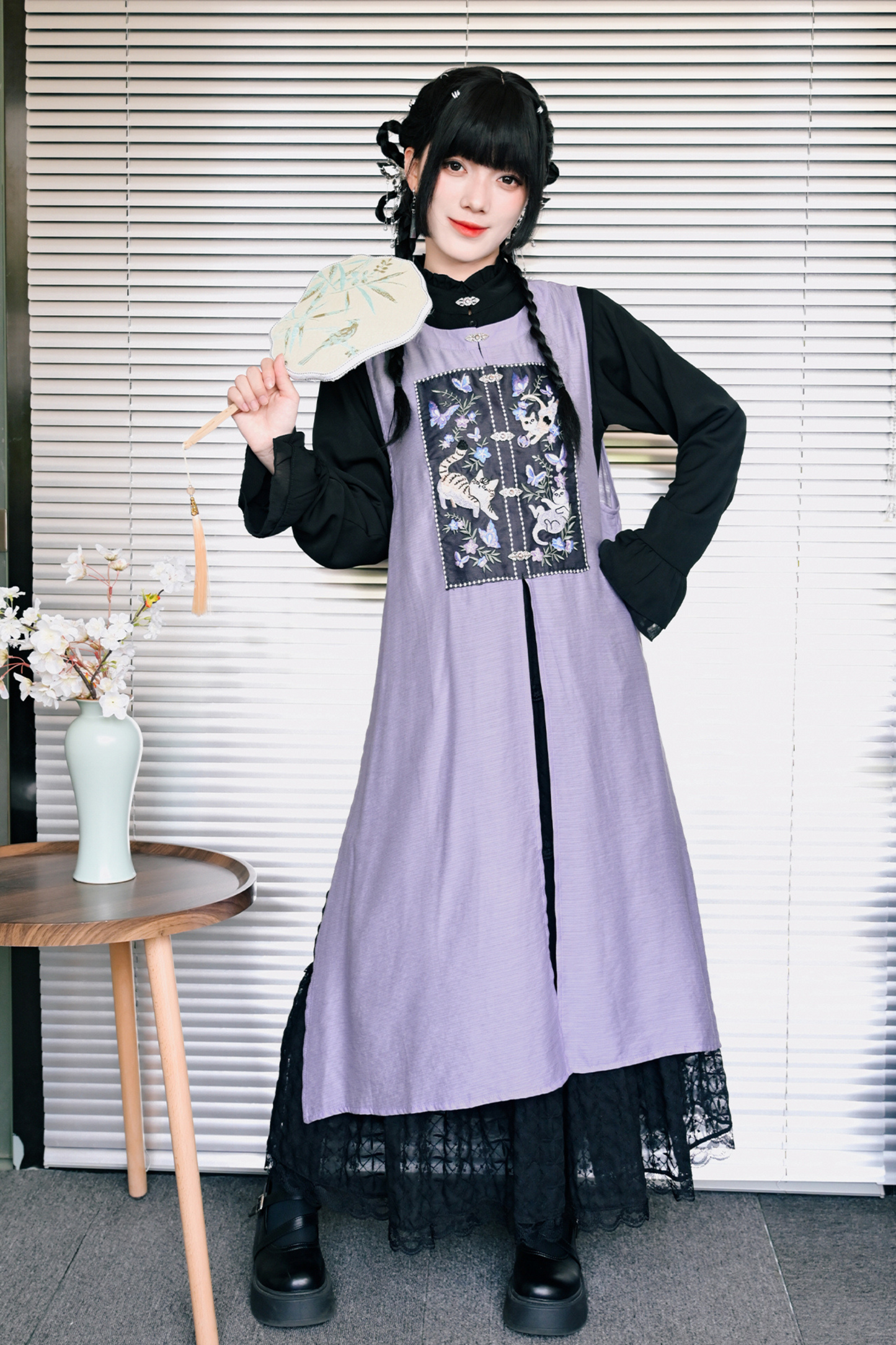 チャイナガーリーノースリーブサンドレスパッチワンピース