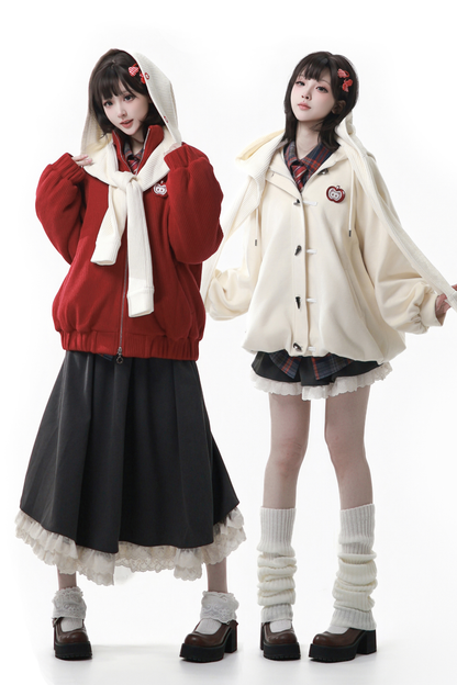 アップルブラックティーフリースコート+フーディー+ロングスカート+ショートスカート+フードマフラー