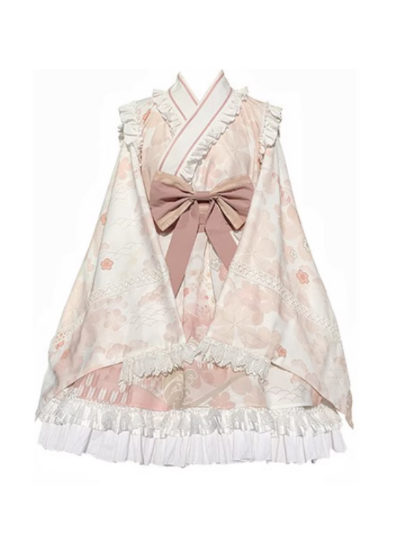 Japanese cherry blossom tiered dress with waist belt