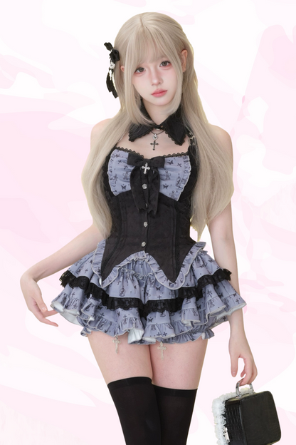 ダークナイトドールブラックプリントパッチワークリボン付きトップス+プリントスカート