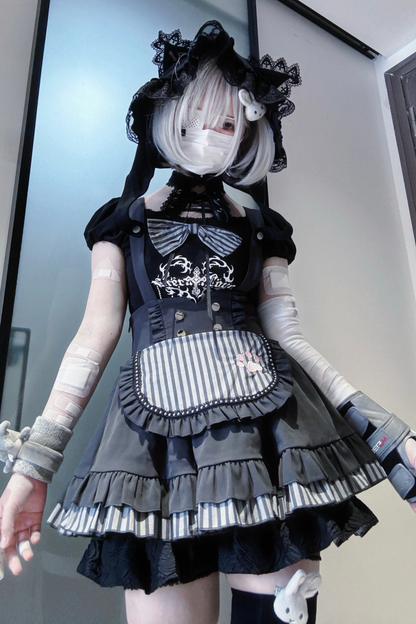 キュートキャットパフスリーブトップス+サスペンダースカート+パンツ+ハット