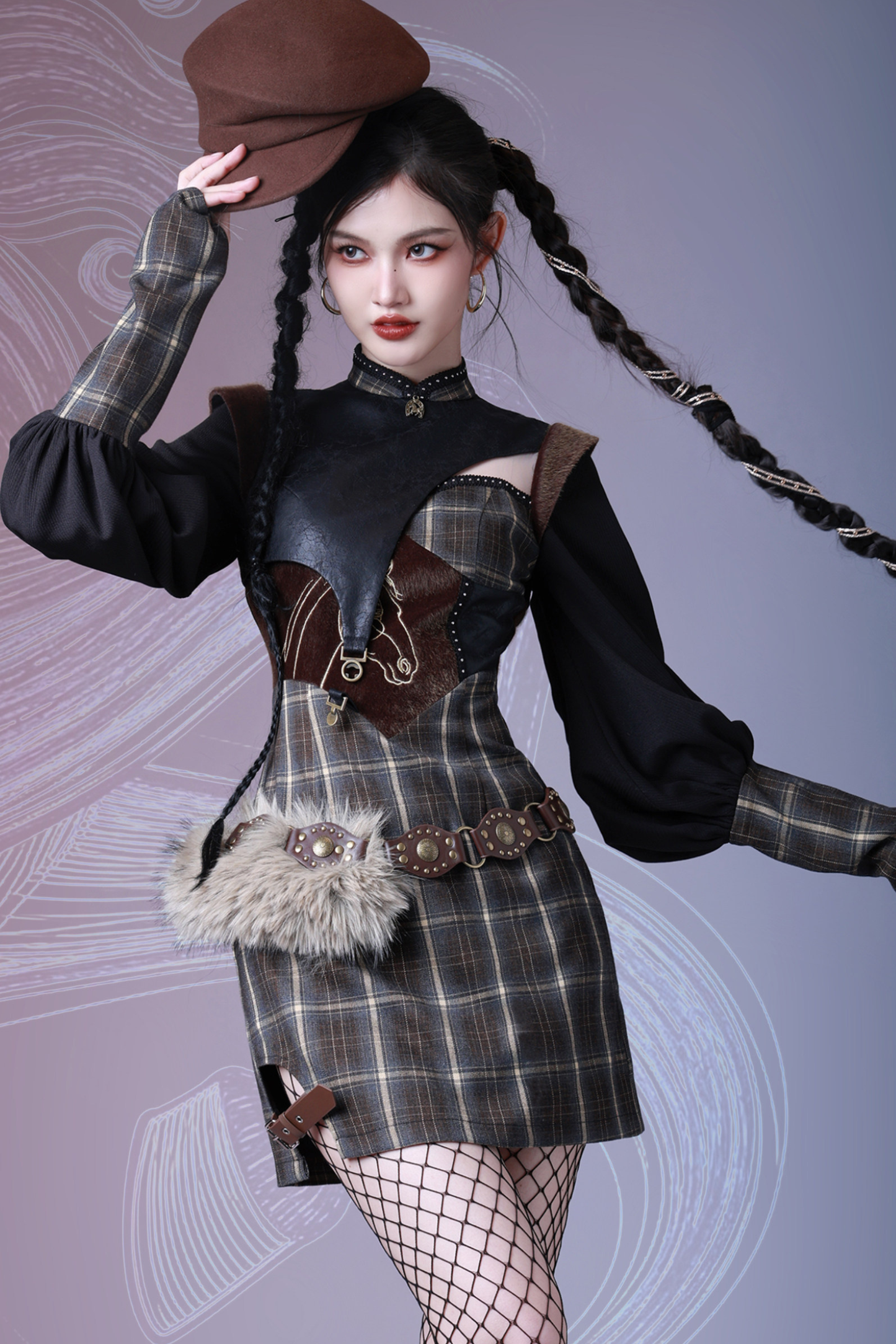 Check Leather Mode Punk Dress