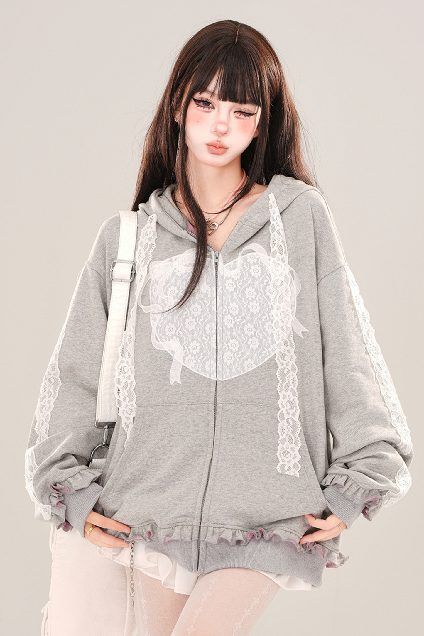 Lace Design Girly Hooded Hoodie