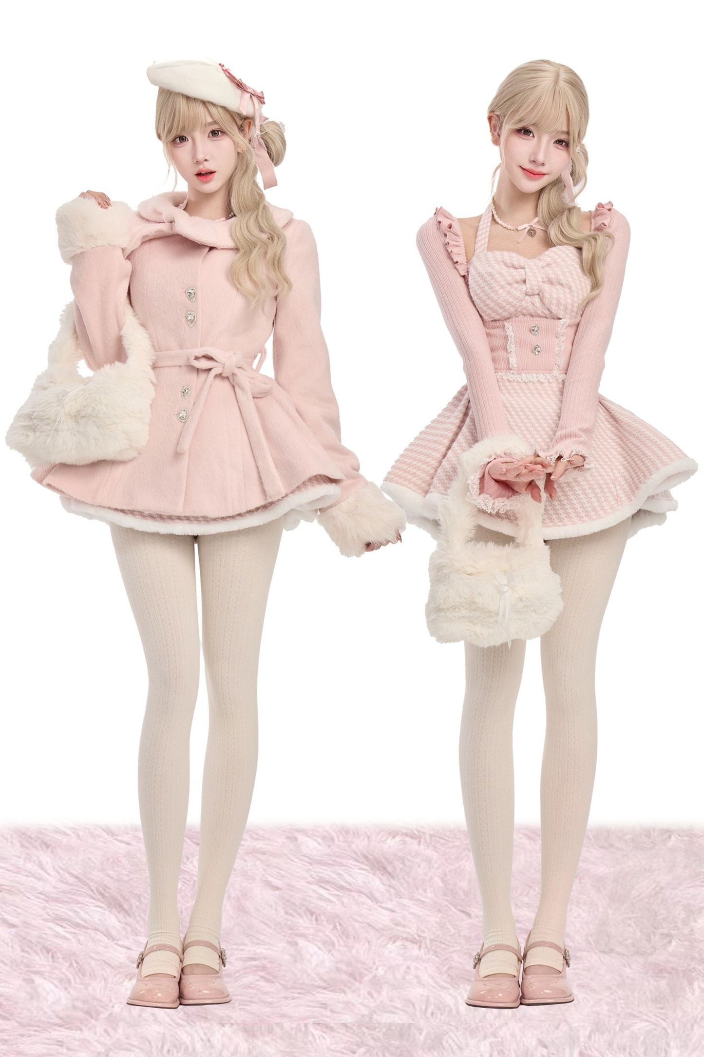 Knit Cardigan + Staggered Lattice Dress + Wool Jacket