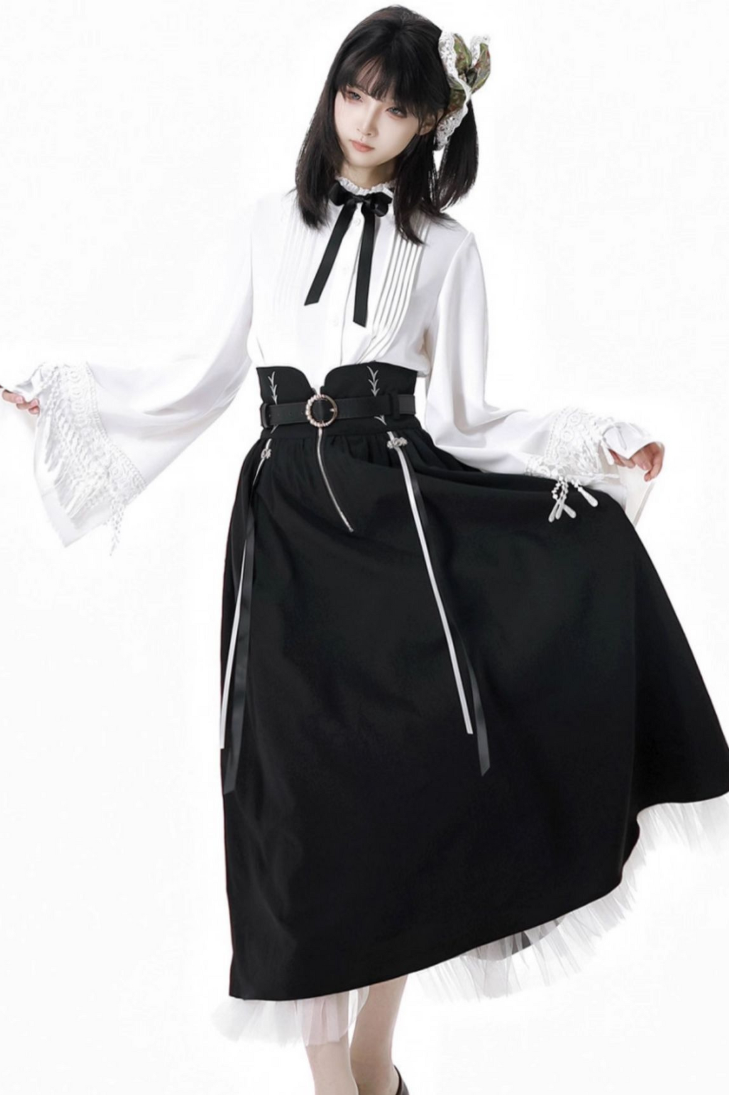 ダークモードスクエアネックカーディガン+シャツ+ロングスカート