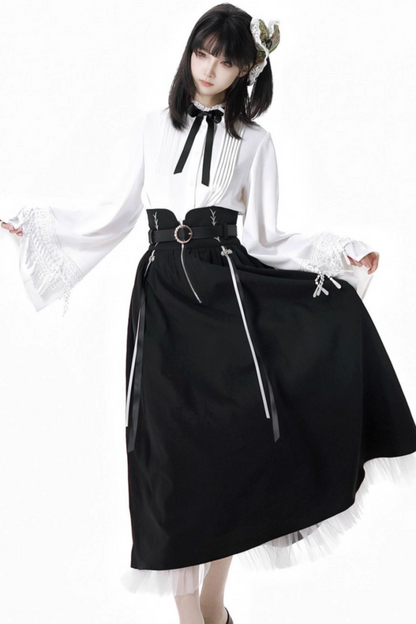 ダークモードスクエアネックカーディガン+シャツ+ロングスカート