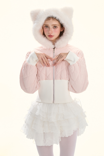 フェアリーファーキャットフードキルティングジャケット